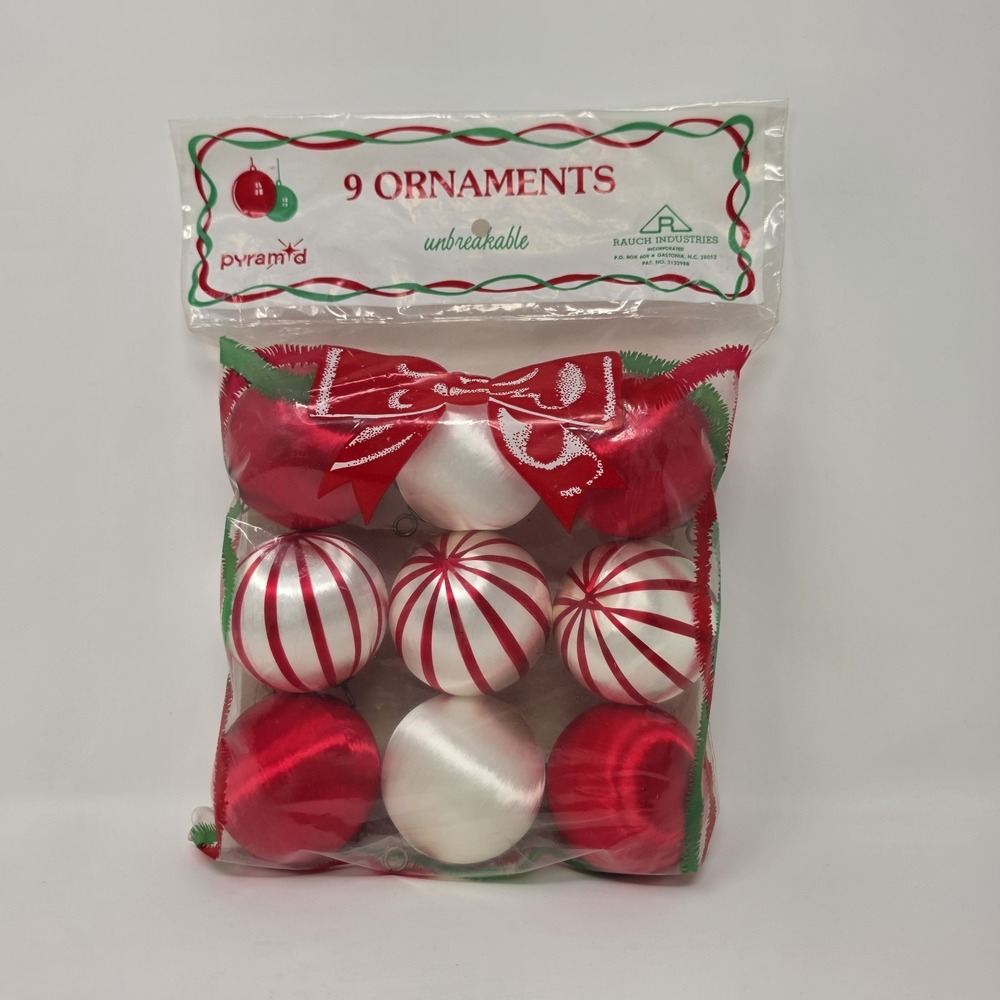 Vintage Rauch Pyramid Red White Striped Satin Sheen Christmas Ornaments